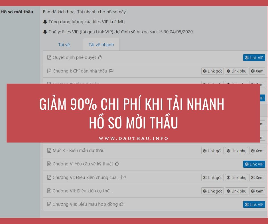 Tải nhanh, Giảm sốc: Giảm 90% chi phí khi tải nhanh hồ sơ mời thầu trên DauThau.INFO