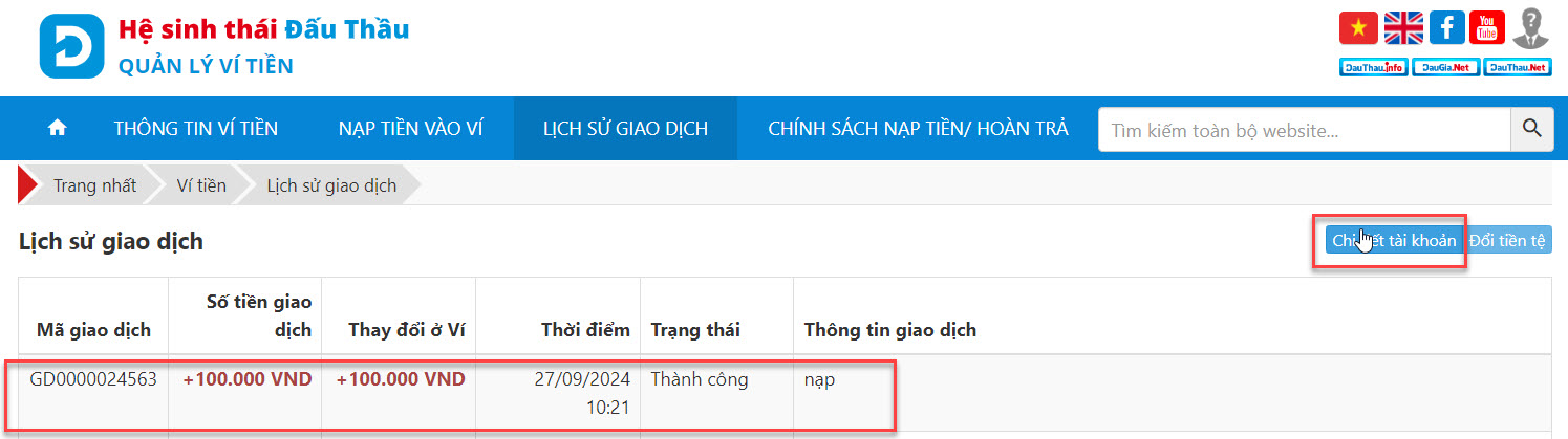 Chi tiết giao dịch nạp tiền