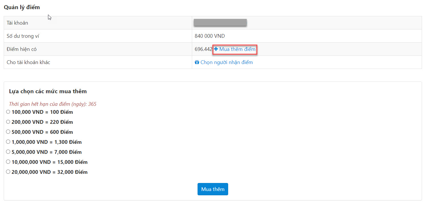 Chọn Mua thêm điểm