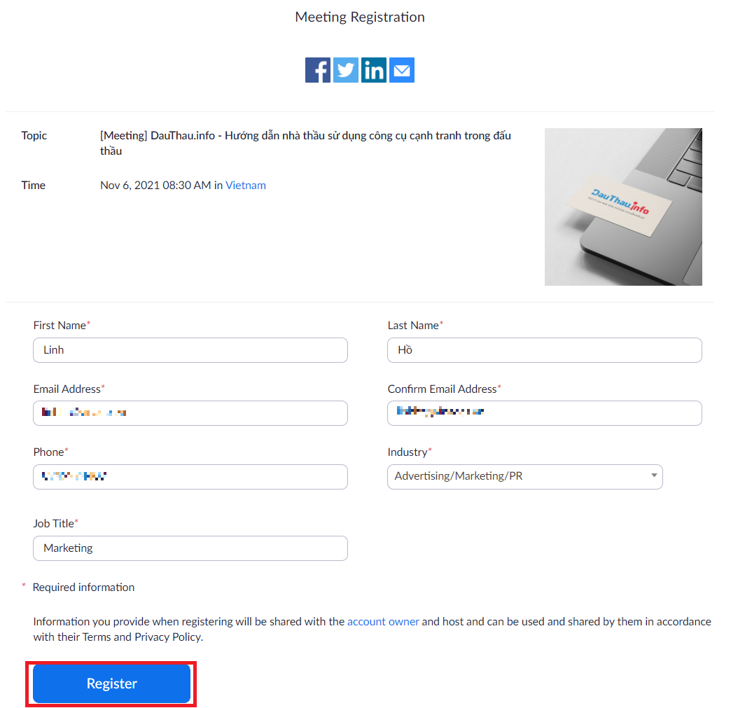 Hình 1. Form đăng ký để tham gia buổi Meeting trực tiếp của DauThau.info