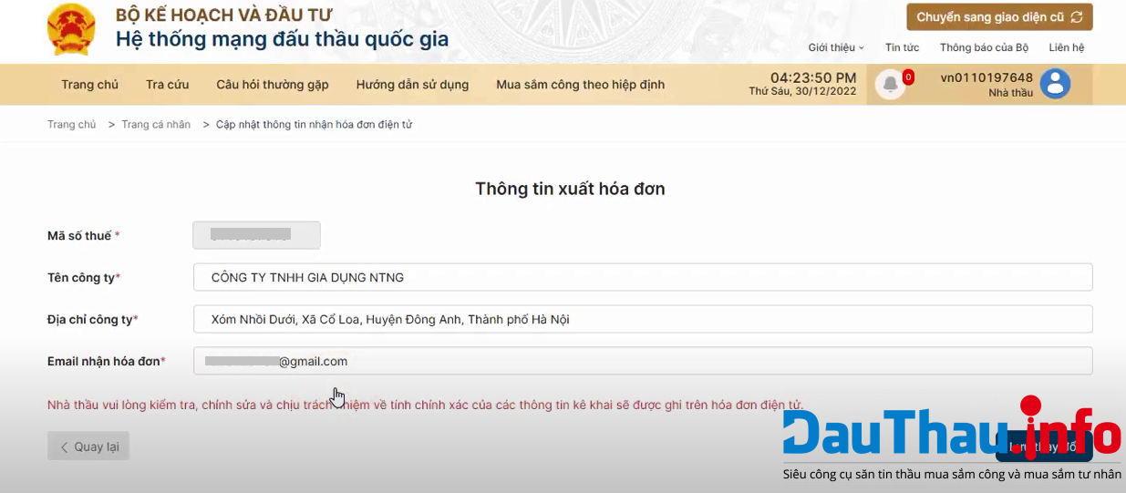 cập nhật thông tin xuất hóa đơn