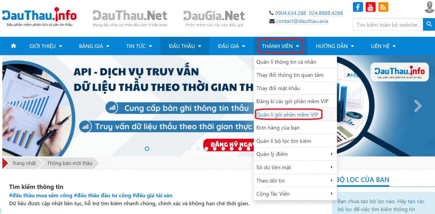 truy cập vào danh mục quản lý gói dịch vụ VIP