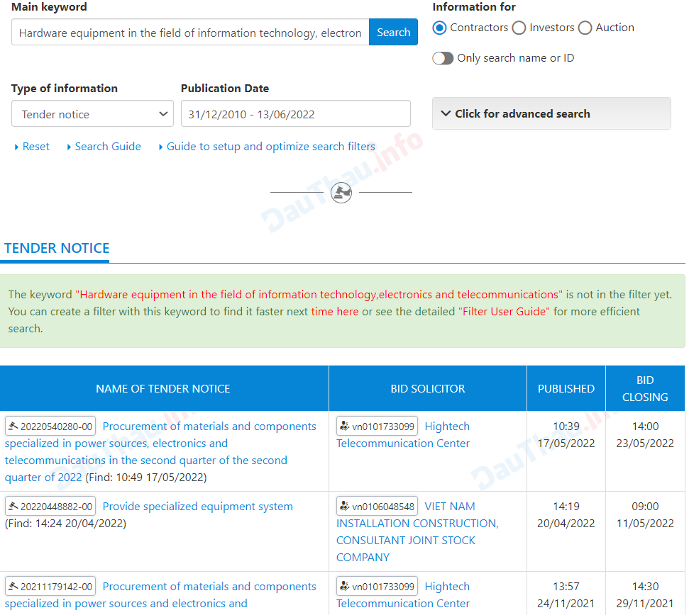 Results of filtering bidding notices for bidding packages providing hardware equipment in the fields of information technology, electronics, and telecommunications