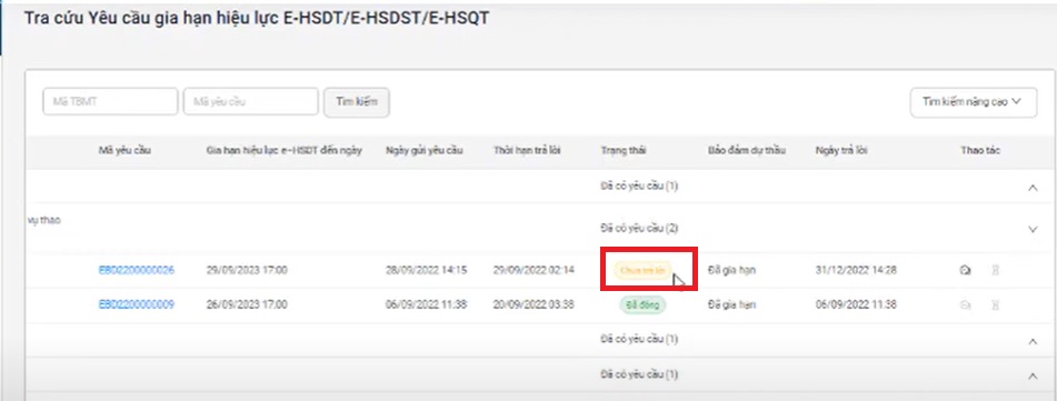 Find notices requesting extension of validity HSDT that are in an unanswered state