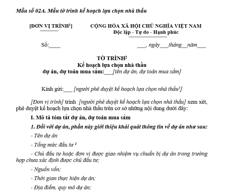 Tờ trình kế hoạch lựa chọn nhà thầu;