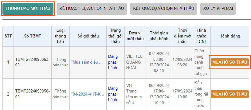 Hình 16 Nhấn nút Mua hồ sơ thầu