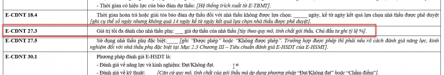 giá trị dành cho nhà thầu phụ