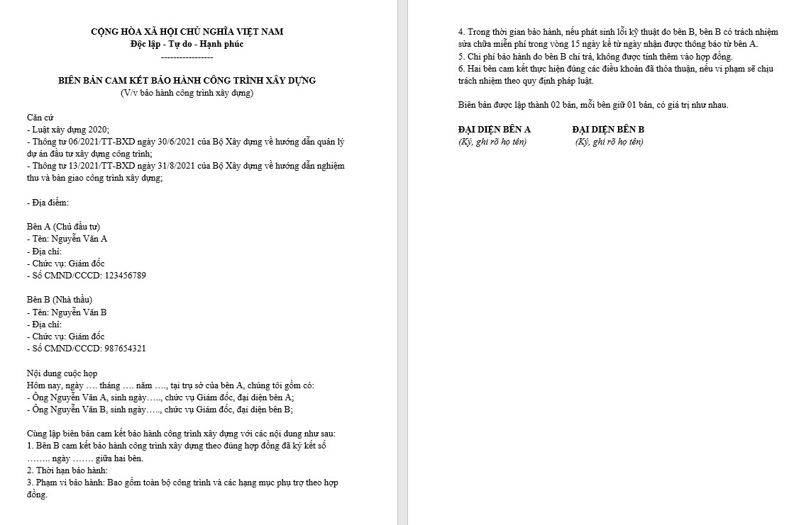 mẫu giấy cam kết bảo hành công trình xây dựng