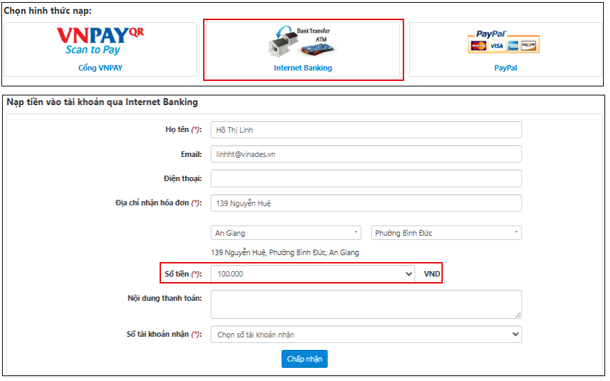 Chọn hình thức nạp qua Internet Banking, nạp số tiền tối thiểu 100.000 VNĐ