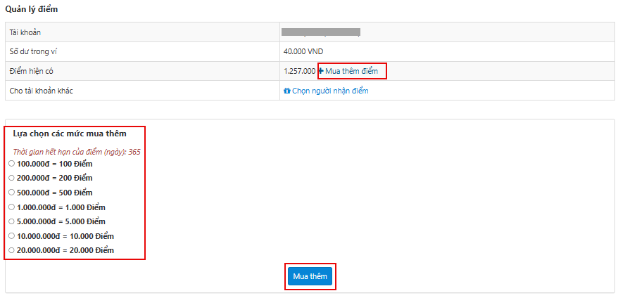 Thực hiện mua thêm điểm