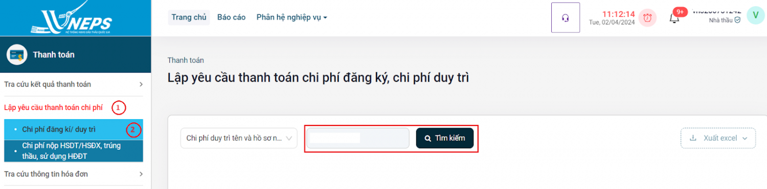 Hình 2 Chọn Lập yêu cầu thanh toán chi phí đăng ký, chi phí duy trì