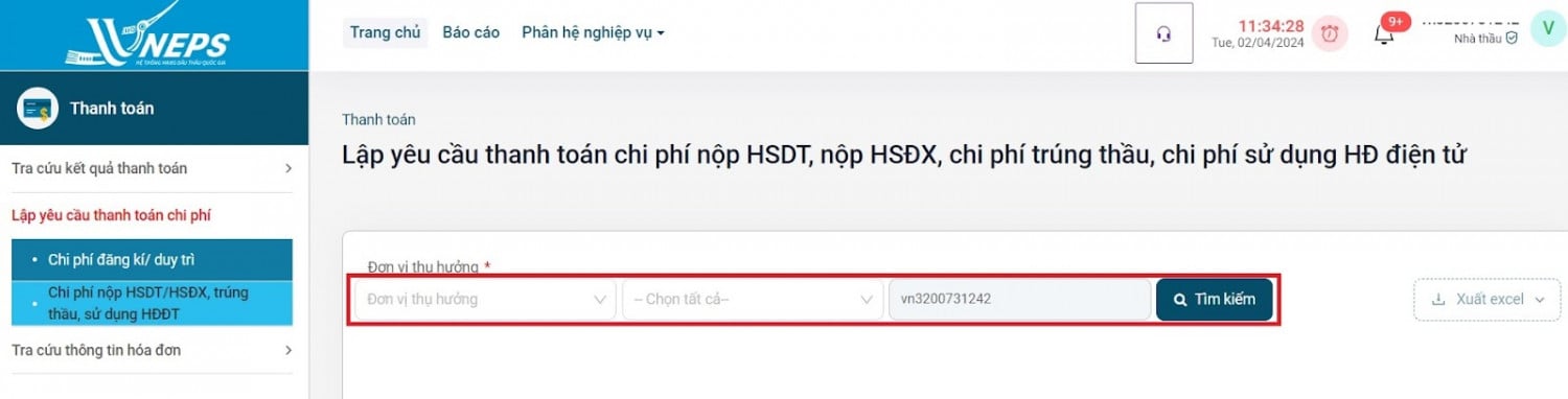 Hình 4 Chọn Đơn vị thụ hưởng, loại phí, mã định danh của nhà thầu rồi nhấn Tìm kiếm